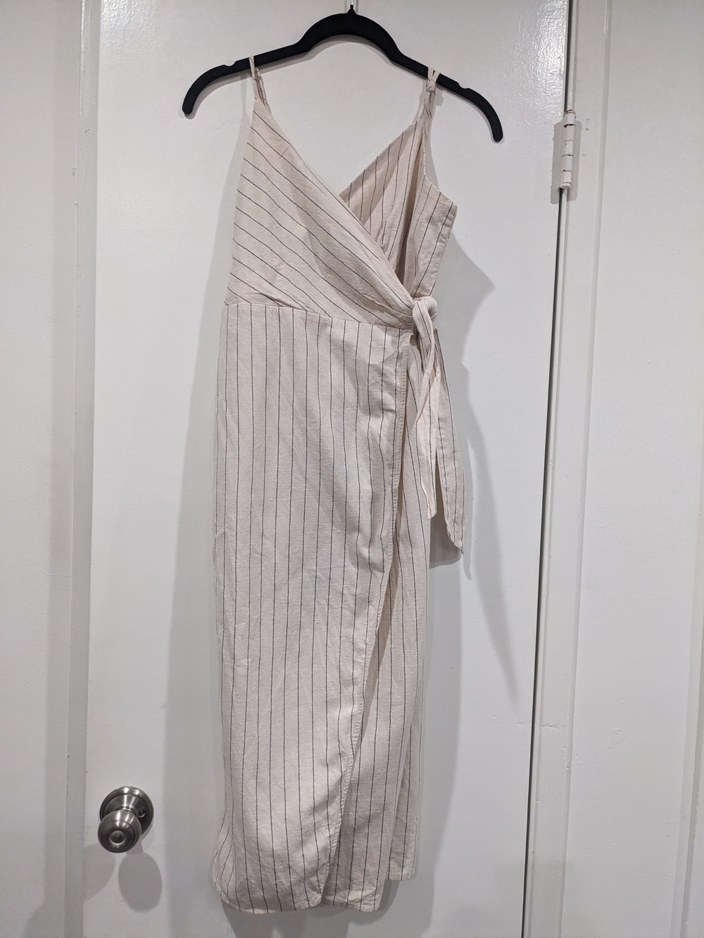 Sleeveless Cream Striped Wrap Midi Dress